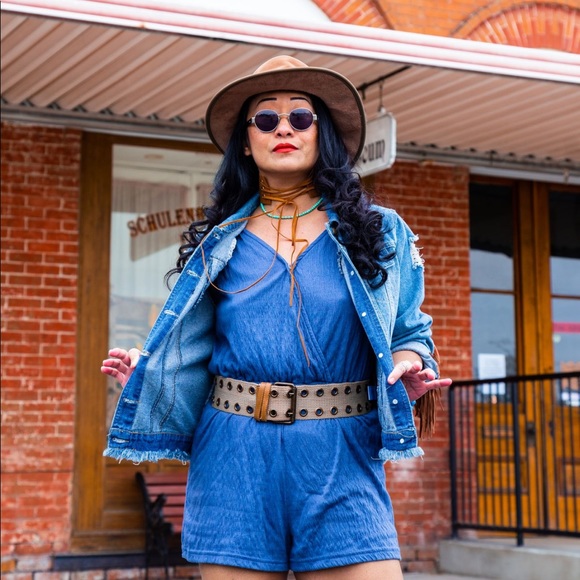 Distressed Denim Jacket with Brown Suede Fringe - Picture 2 of 7